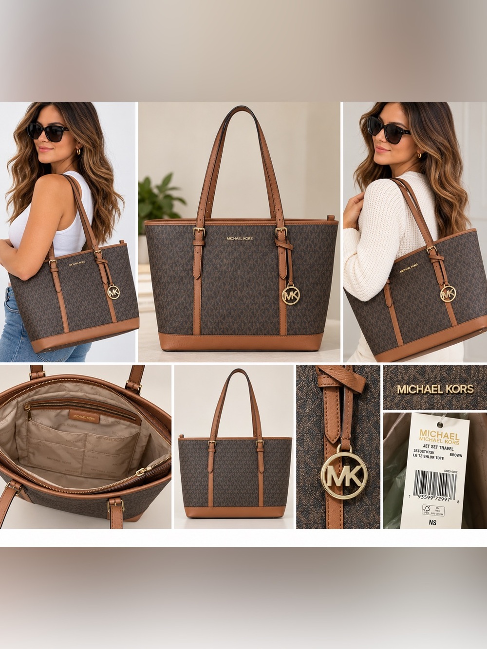 Michael Kors Jet Set Travel Large Brown Signature MK Tote Bag NWT